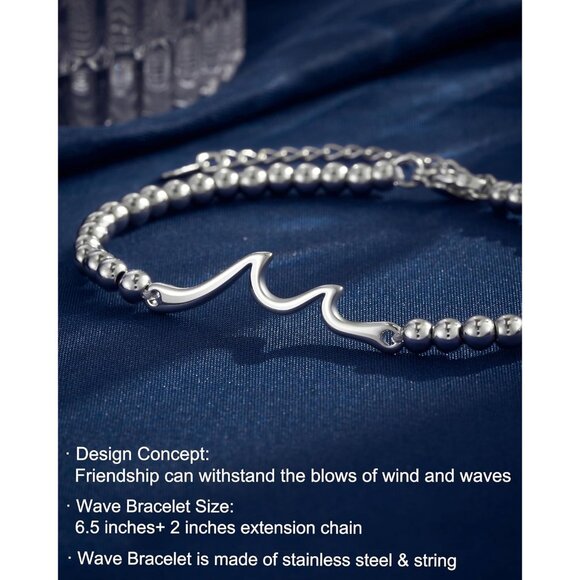 Women Stainless Steel Wave Friendship Bracelet for Best Friend BFF Gift 8in - Picture 4 of 9